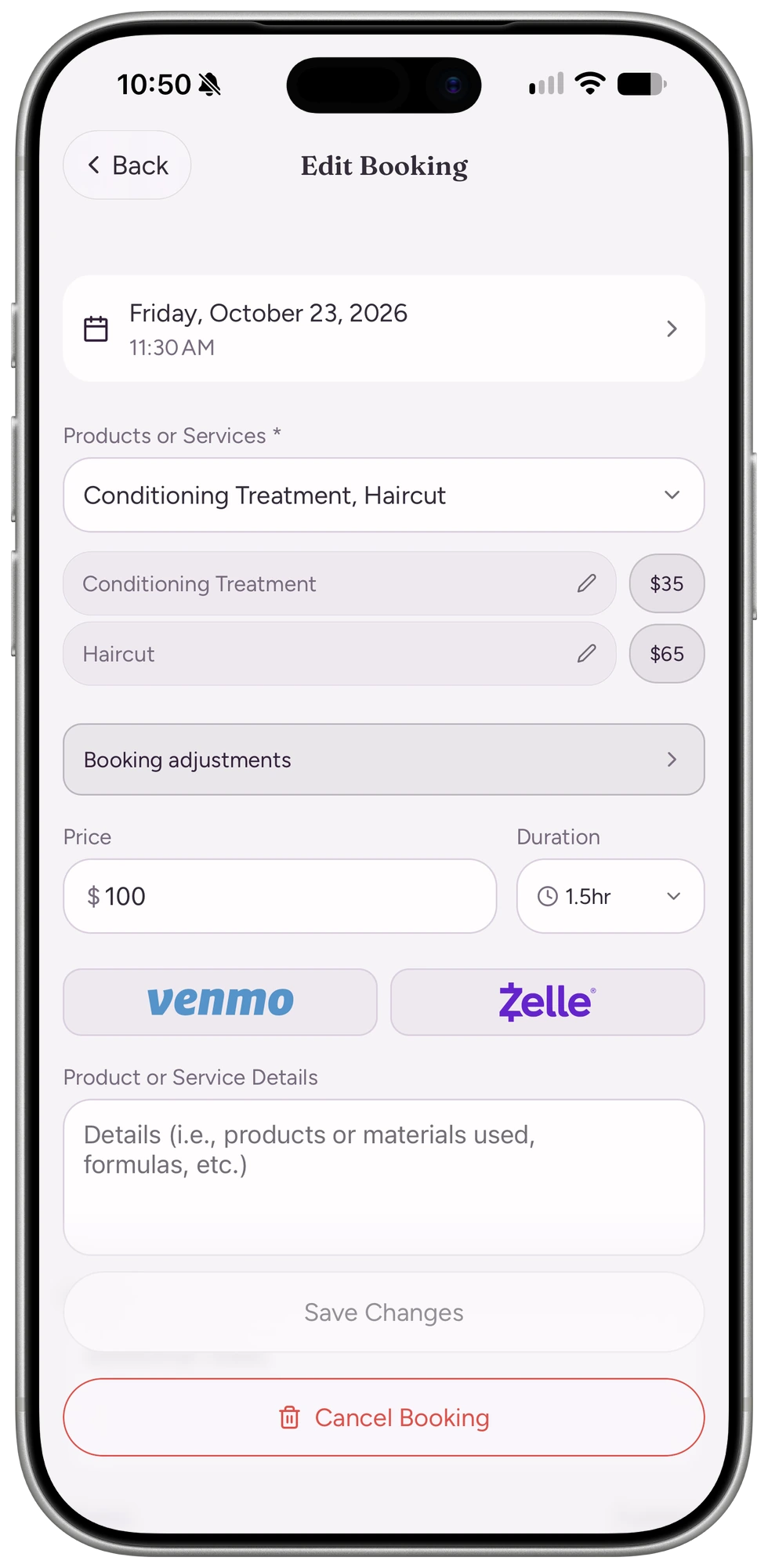 Edit booking screen with two stacked services, price, duration, and Venmo and Zelle payment options