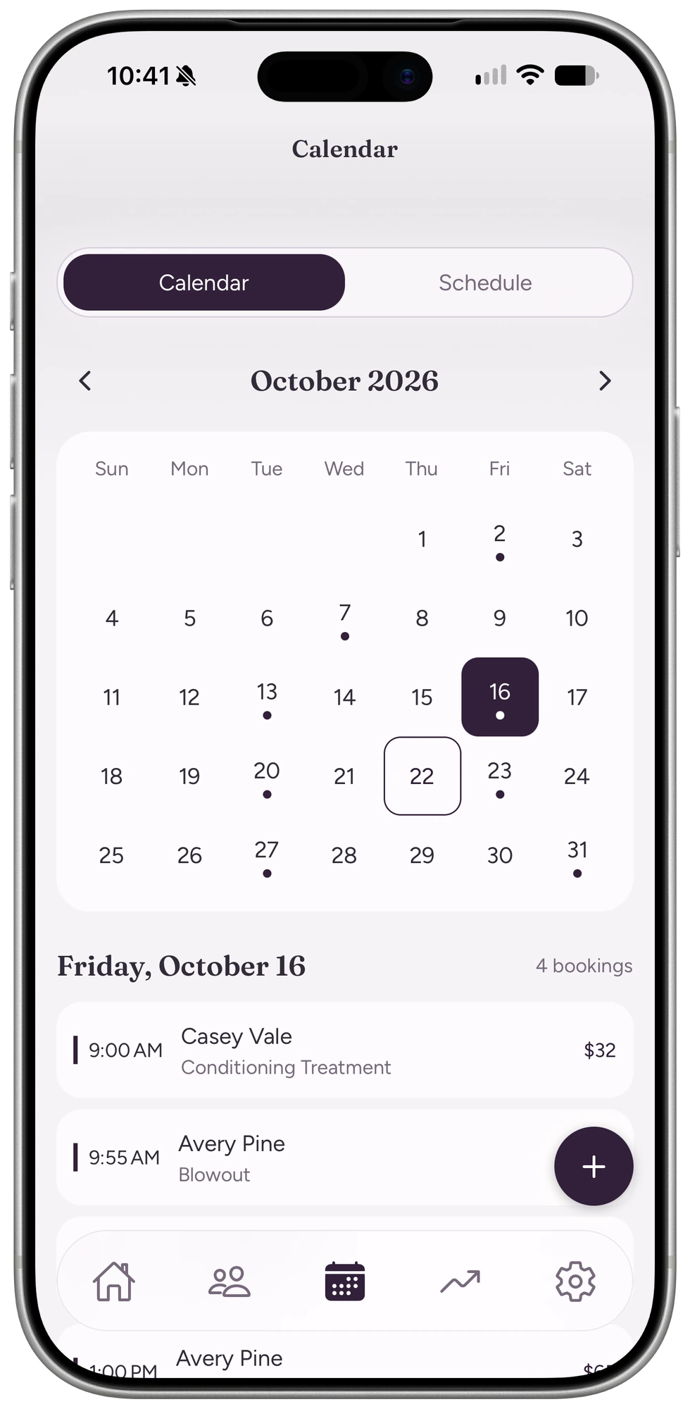 Calendar month view with daily bookings list