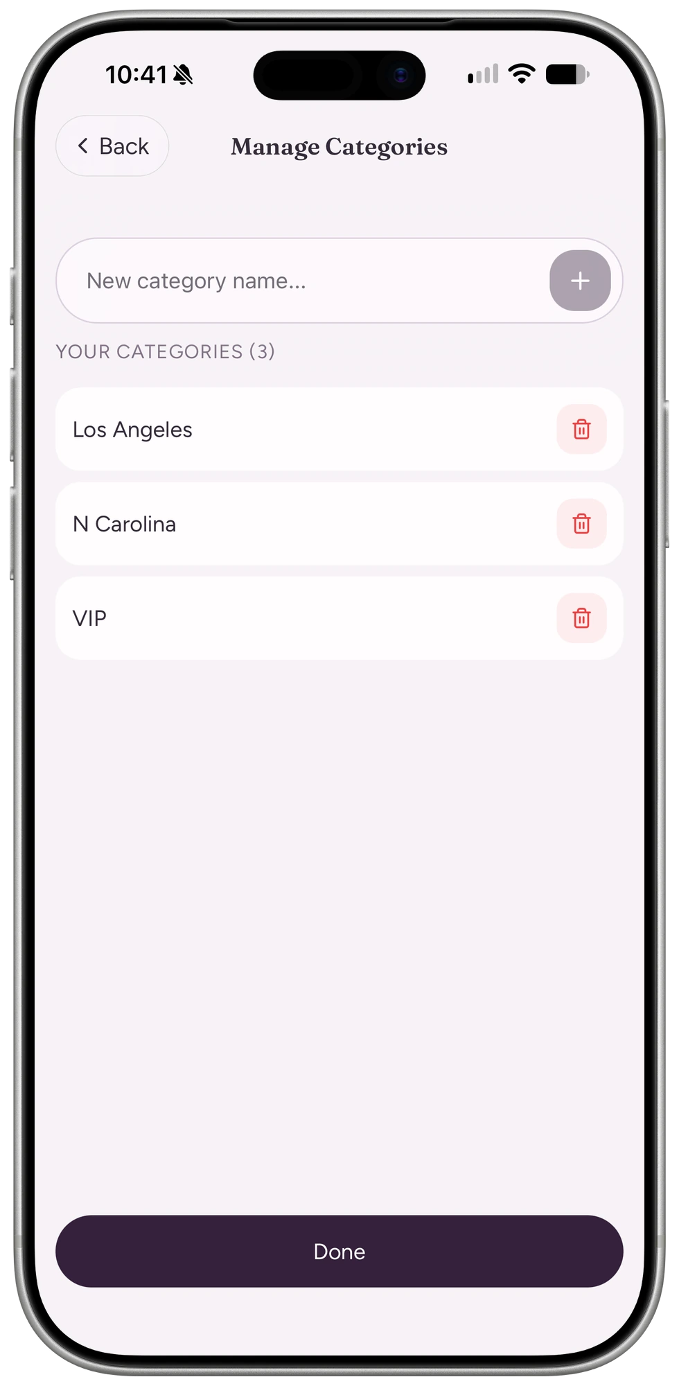 Manage categories screen with custom client categories