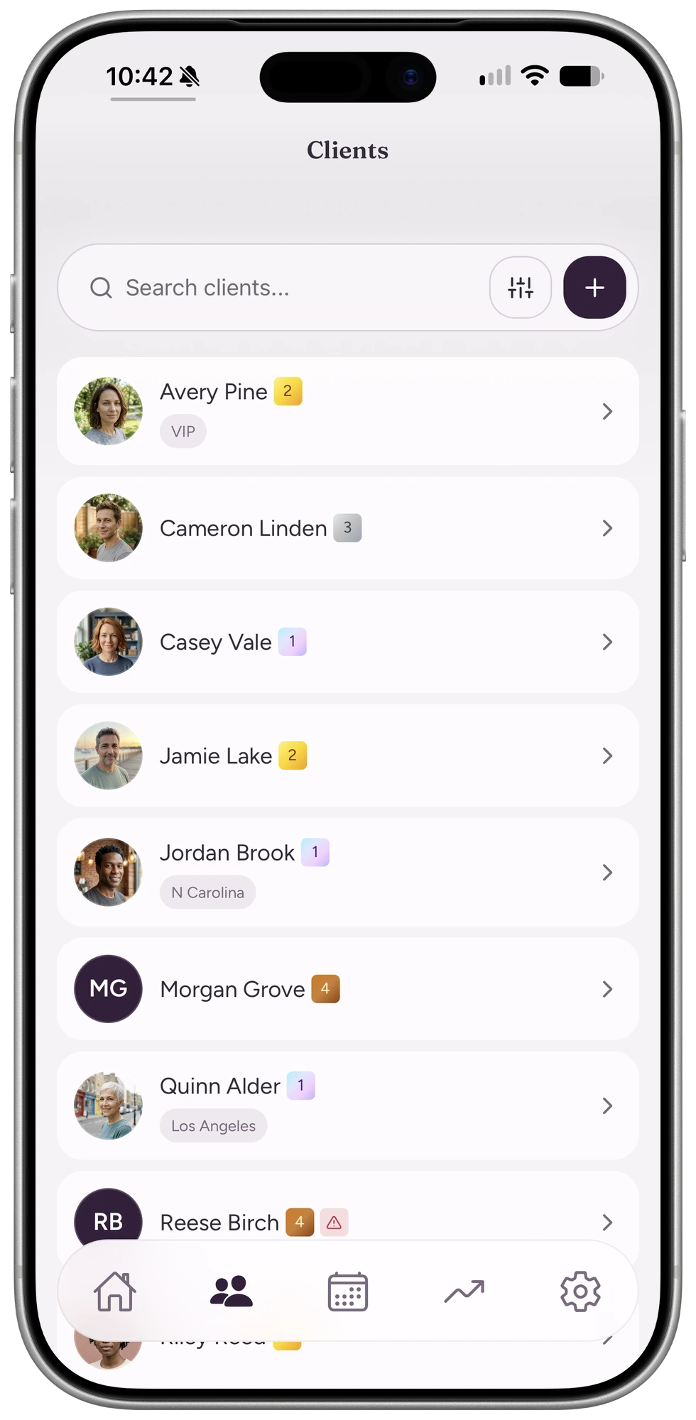 Searchable client list with tier badges
