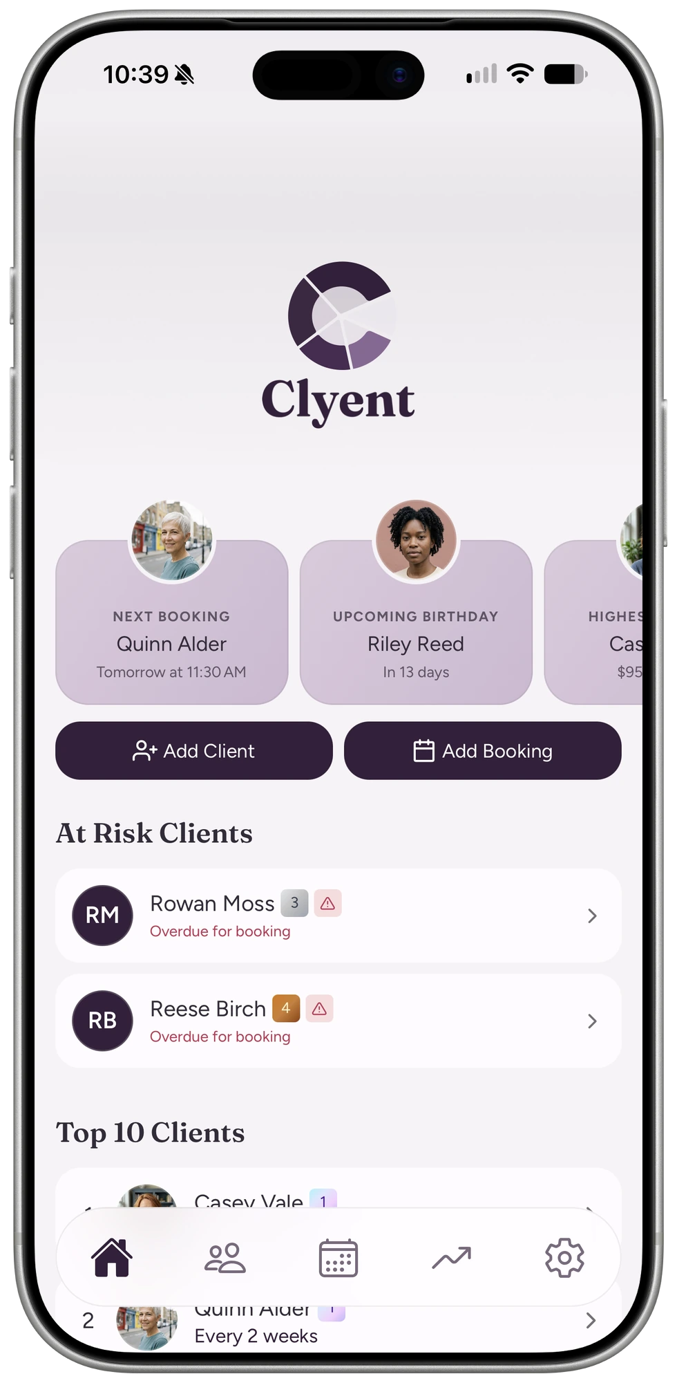 Home dashboard showing next booking, upcoming birthday, and at-risk clients