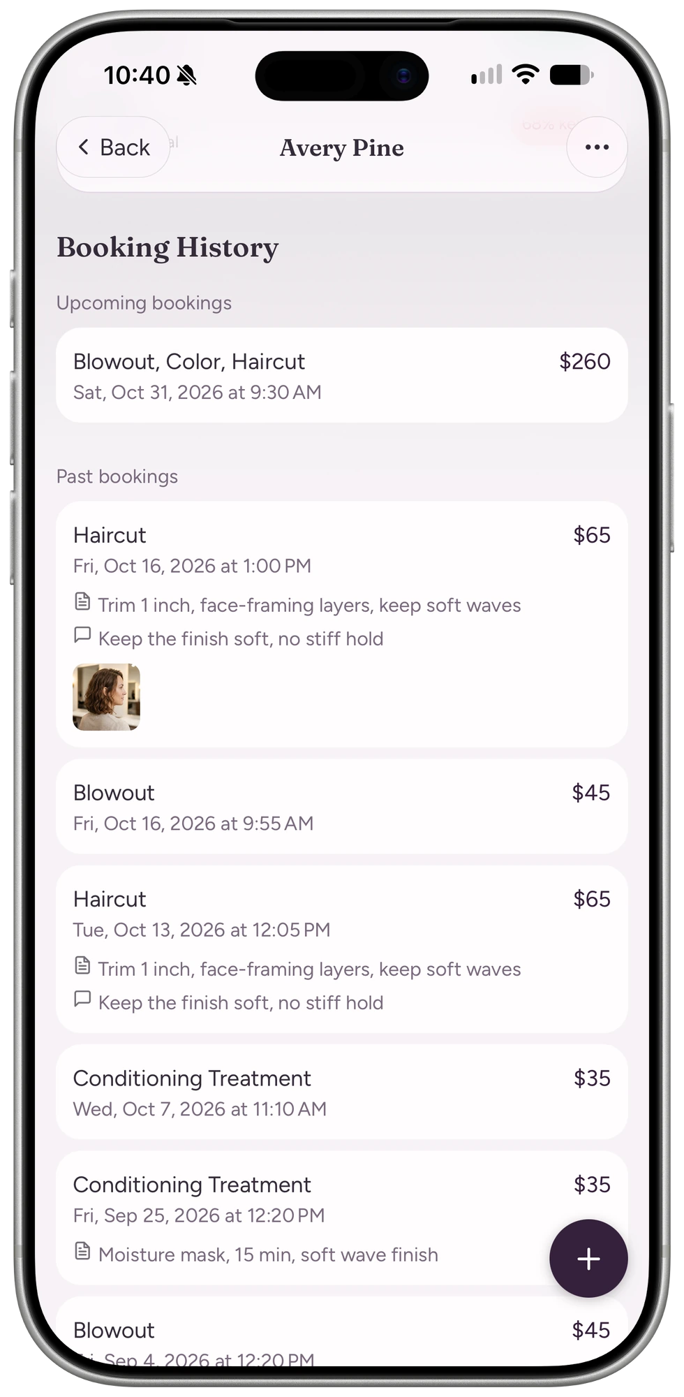 Client profile showing most booked services and booking history with visit notes and a photo