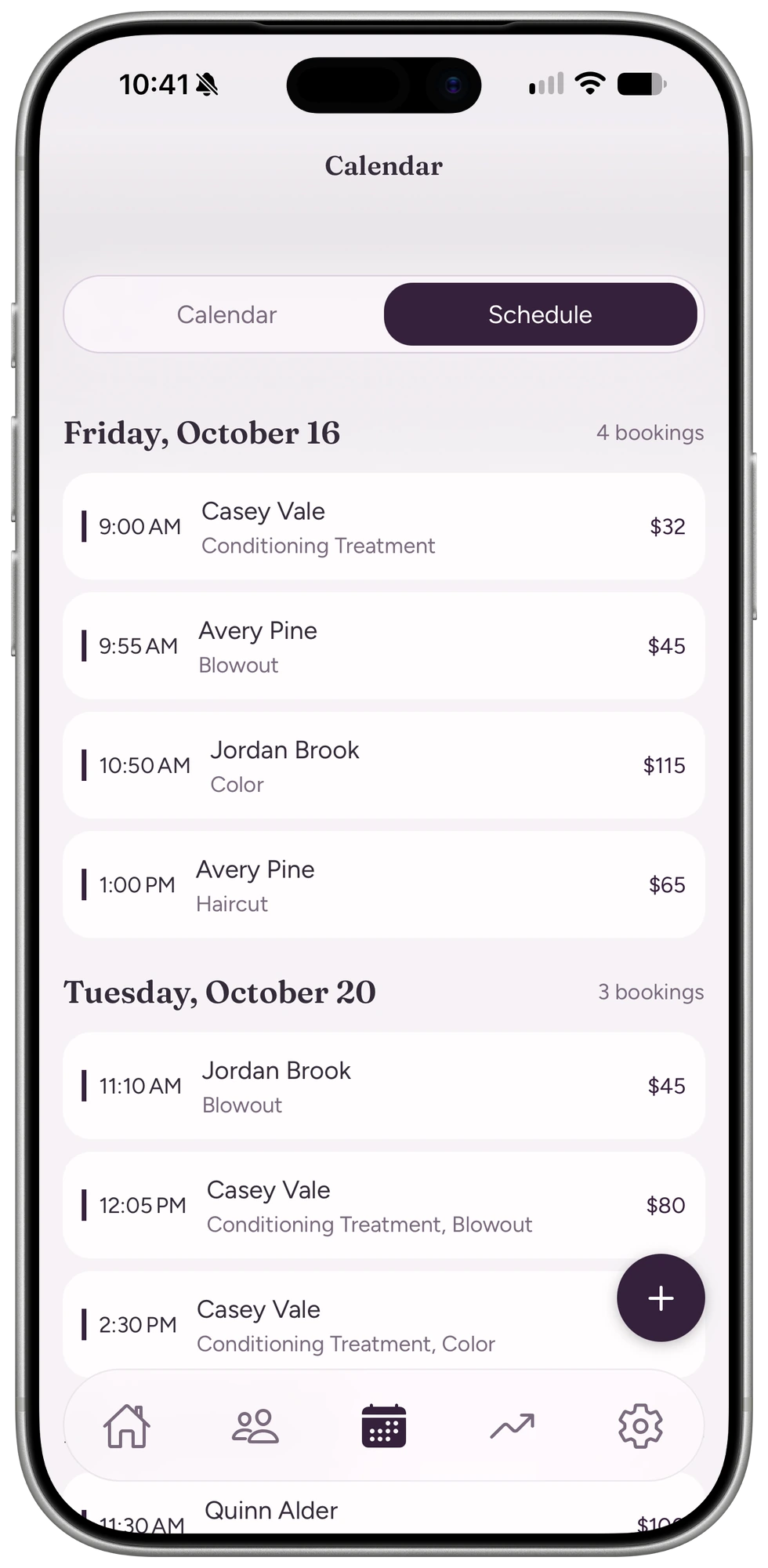 Schedule view listing upcoming bookings by day, with time, client, services and price