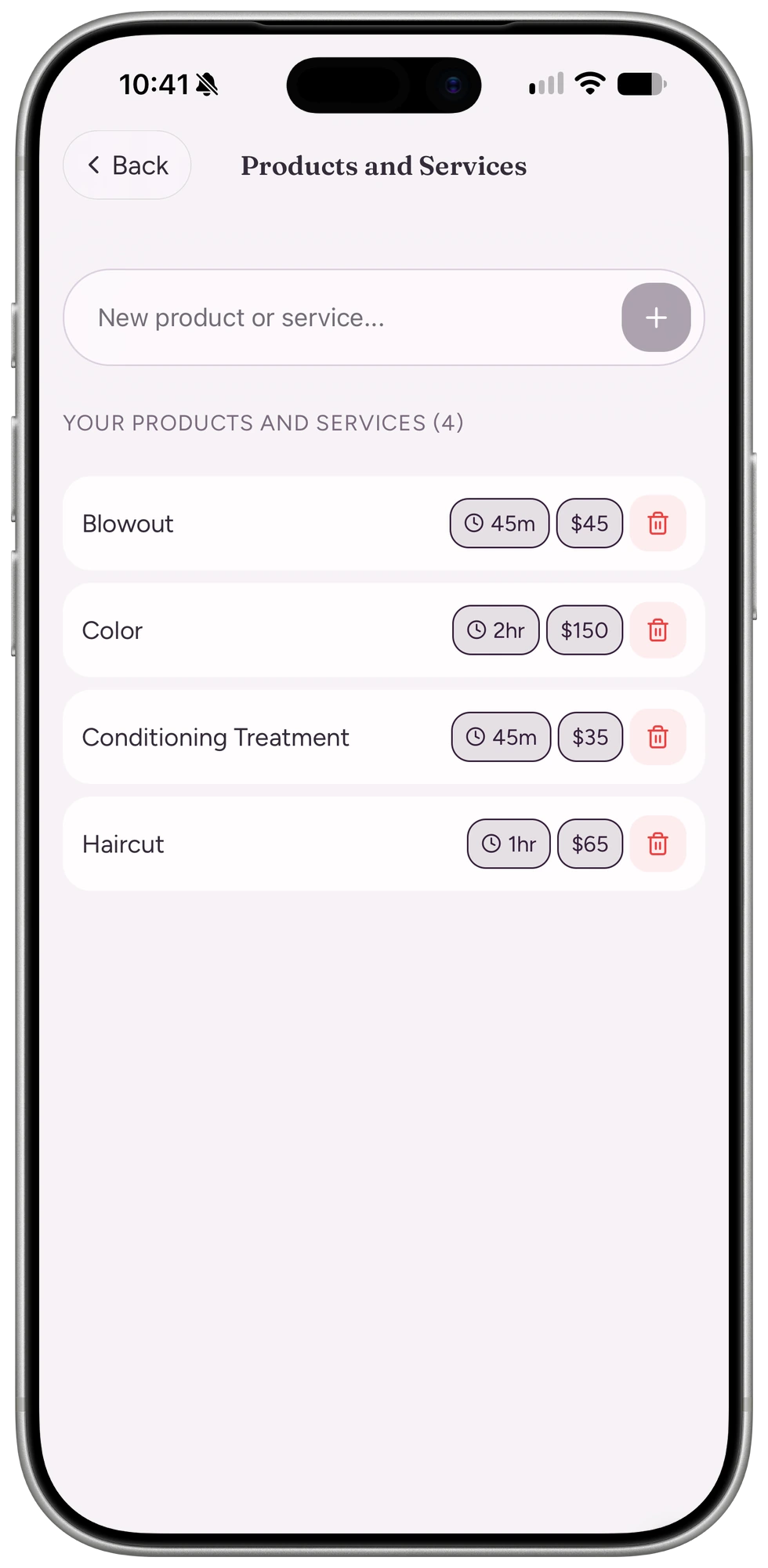 Products and services list with price and duration for each