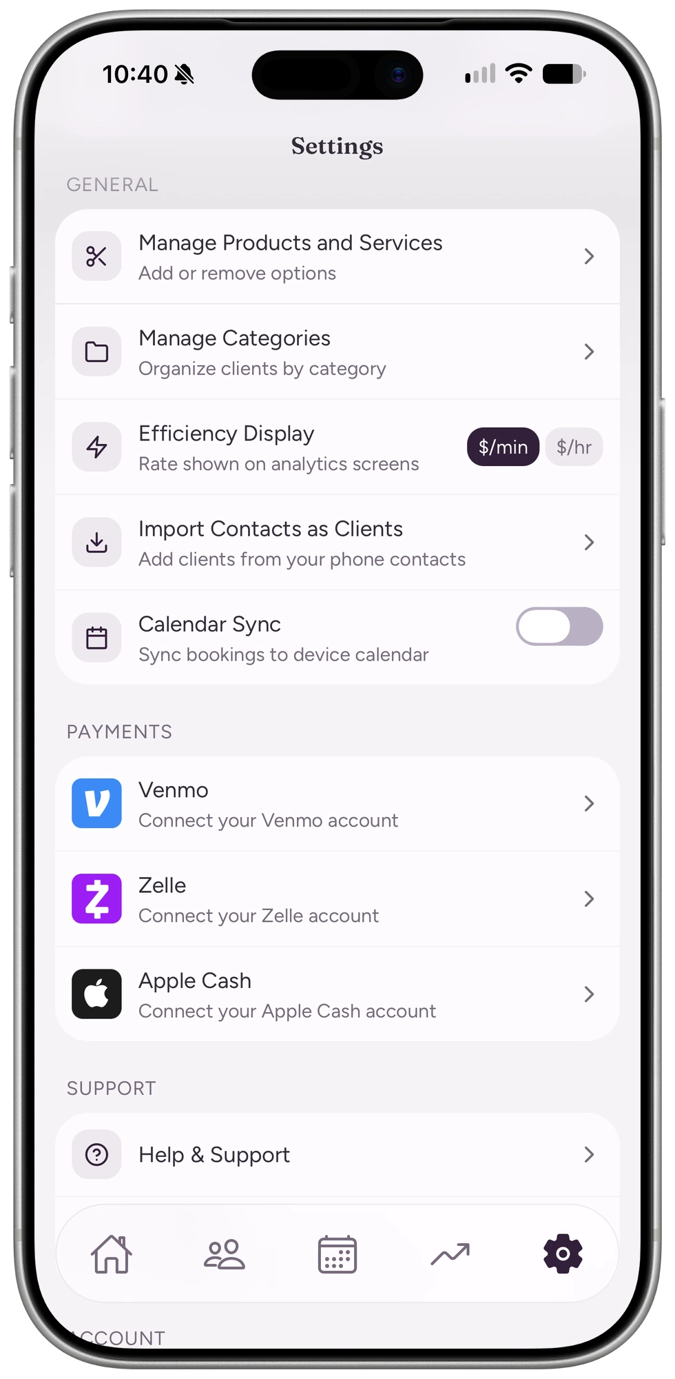 Settings screen with theme, products, categories, and linked payment accounts