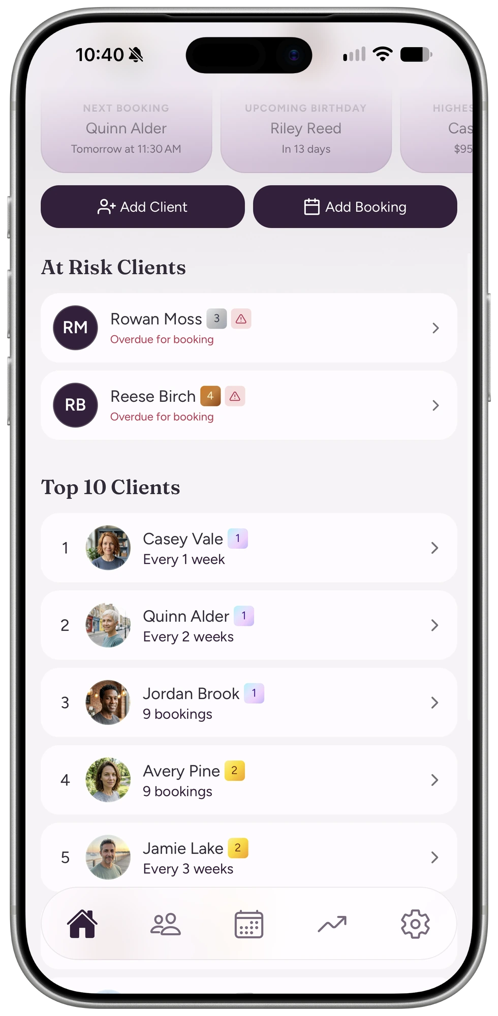 Home dashboard scrolled to the Top 10 Clients leaderboard