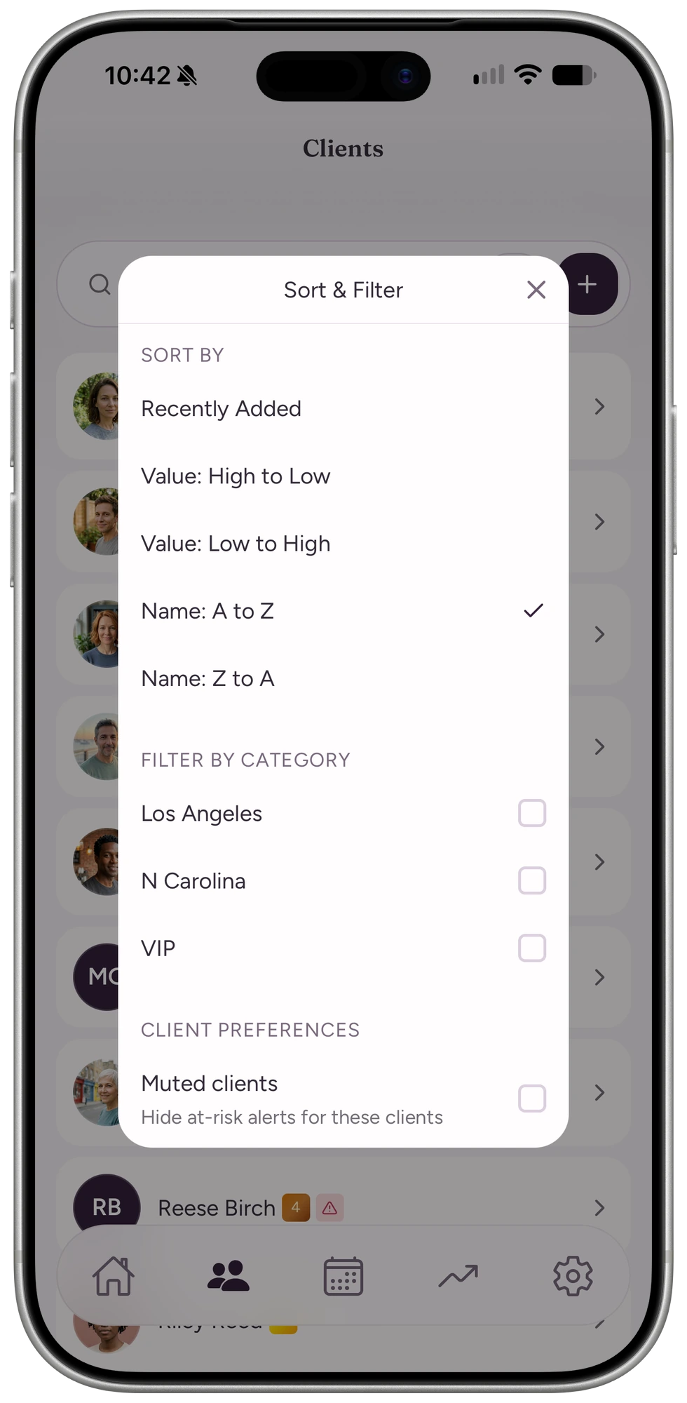 Sort and filter modal with sort options and category checkboxes